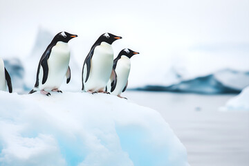 Fototapeta premium Three penguins standing on an iceberg in the antarctic wilderness looking towards the horizon capturing a serene and cold atmosphere of Antarctica wildlife 