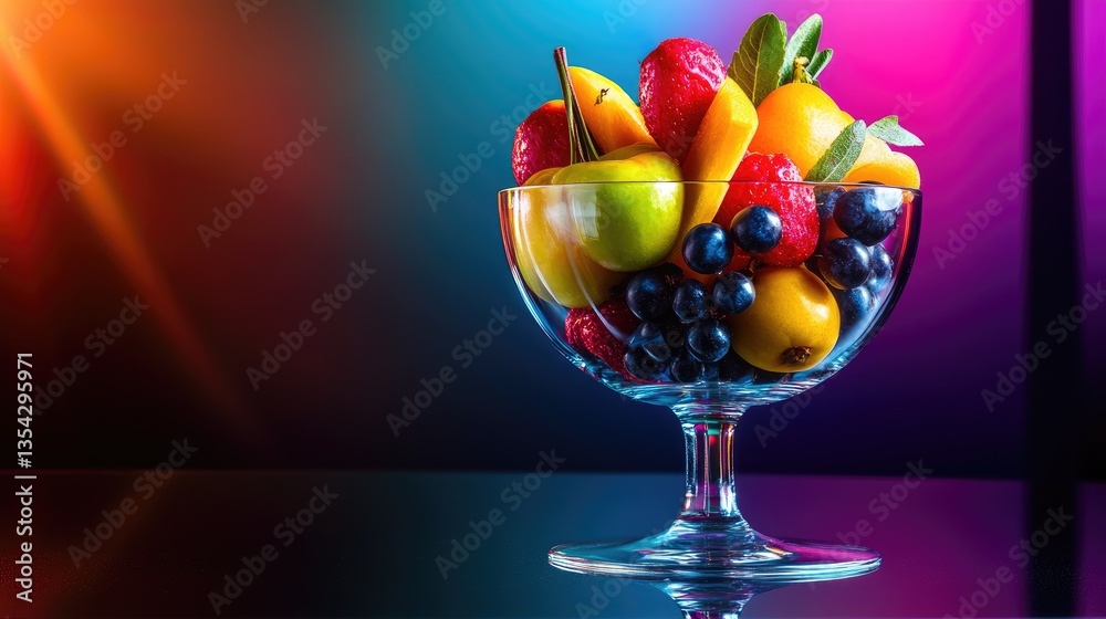 Poster a vibrant glass goblet overflowing with colorful fruits, shot in a studio setting with bright lighti