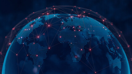 Digital globe with network connections, showcasing global connectivity and communication, symbolizing networking, technology, and worldwide communication