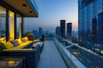 High Quality Image of Evening Cityscape From Modern Balcony with Glass Balustrade