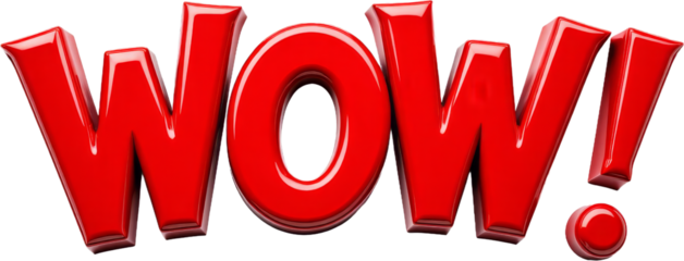 "WOW!" text with red 3D glossy effect, transparent background