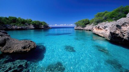 Crystal-clear turquoise water cove, surrounded by rocky cliffs and lush vegetation under a vibrant blue sky