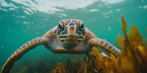 A large sea turtle swims towards the camera in the ocean