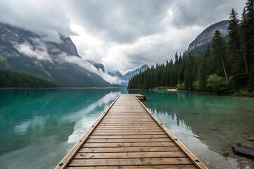 Fototapeta premium Serene Wooden Pier on a Tranquil Mountain Lake Surrounded by Misty Forests
