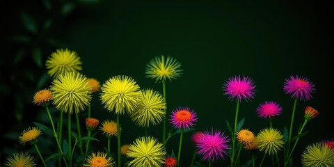 Obraz premium Vibrant Yellow Pink Orange Flowers Dark Background