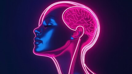 Obraz premium Neon Glow Female Head Profile with Visible Brain Anatomy