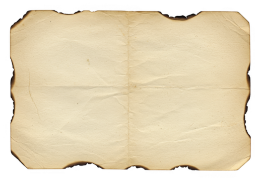 A rectangular sheet of aged paper with burnt edges, visible cracks and folds isolated on transparent background