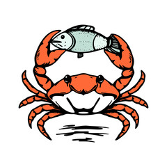 crab holding a fish, funny vector drawing
