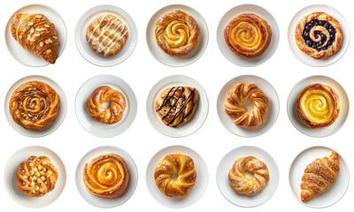Close-up of a Variety of Delicious Pastries Served on White Plates, Featuring Sweet Rolls, Cinnamon Twists, and Fruit Tarts for Culinary Inspiration. Piquant food set.