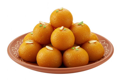 A ceramic plate filled with traditional Indian sweets laddus with nuts and green herbs isolated on transparent background