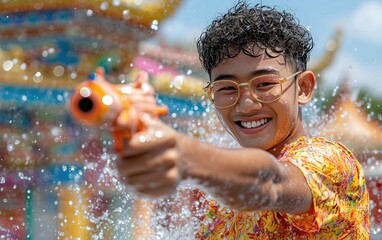 Dutch angle of a Songkran water fight near a temple, capturing the juxtaposition of tradition and celebration, dynamic energy