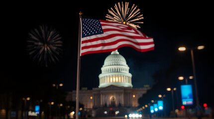 Happy Independence day, 4th Of July, Us Capitol Building With Rippling American Flag and Firework At Night,  American independence, Generative Ai