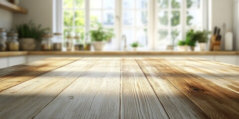 Bright kitchen interior with a wooden countertop flooded with sunlight. A spacious and welcoming space for culinary content.