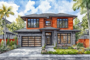 Watercolor painting depicts a two story modern residential house