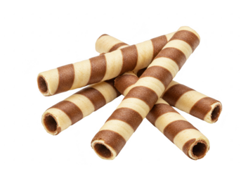 Chocolate and vanilla striped wafer rolls isolated on transparent background