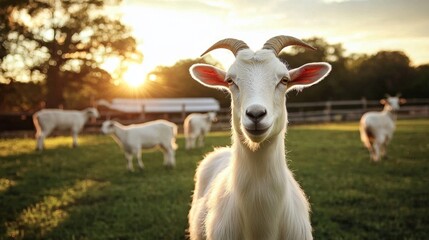 White goats feeding in a picturesque meadow setting.