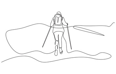 Minimalist Continuous Line Art of Solo Hiker Climbing a Mountain with a Stick, Woman hike trekking stick lifestyle one line art design.