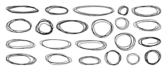 Set of empty clean frames of ovals, circles, hand-drawn with black pencil, pen with uneven chaotic multilayered repeating thin edges with one contour. Vector illustration for text, titles.