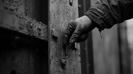 A construction worker's hand inserts a bolt into a structure, securing components with precision and strength on-site.