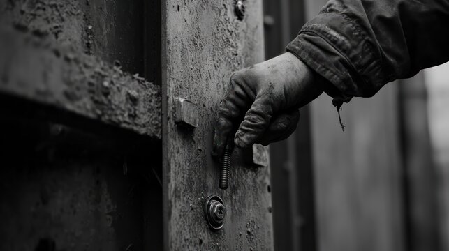 A construction worker's hand inserts a bolt into a structure, securing components with precision and strength on-site.