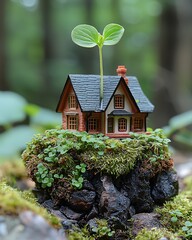 Miniature House and Sprout in Forest Setting