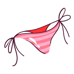 Pink cartoon bikini panties with stripes and ties. Funny fashion swimsuit of girl, female thong model for beach party. Summer vacation, holidays mascot, cartoon cute bikini vector illustration