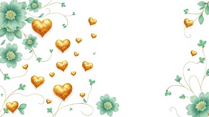 Romantic Gold Hearts Green Flowers Wedding Valentines Love Background