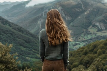 Naklejka premium Woman Looking at Scenic Mountain View - Freedom, Adventure, Hiking
