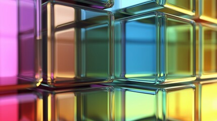 Avclose-up of translucent, multicolored glass cubes stacked in a grid-like arrangement.