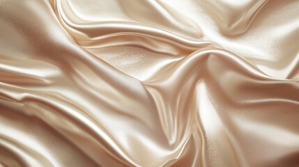 A close-up view of luxurious beige satin fabric. The material is draped and gently folded, creating soft, flowing waves and natural shadows that highlight its silky texture.