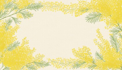 黄色いミモザの花の背景フレームイラスト。AIで生成