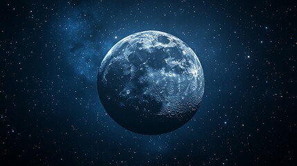 Fototapeta premium 标题： Glowing moon surrounded by luminous stars and planets in serene night sky with soft focus celestial details, astronomical alignment