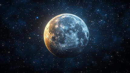 Obraz premium 标题： Glowing moon surrounded by luminous stars and planets in serene night sky with soft focus celestial details, astronomical alignment