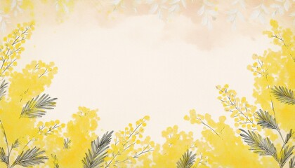 黄色いミモザの花の背景フレームイラスト。AIで生成