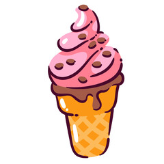 Soft ice cream swirl in waffle cup. Funny creamy strawberry gelato twirl with chocolate chips serve. Summer dessert, confectionery mascot, pink smooth ice cream cartoon vector illustration