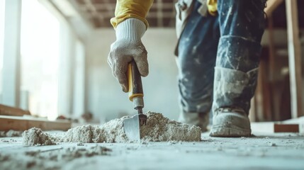 A construction worker's hand installs insulation in a building using a professional-grade tool, ensuring proper thermal protection.