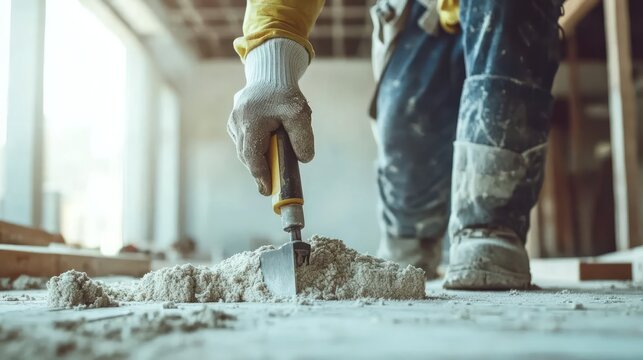 A construction worker's hand installs insulation in a building using a professional-grade tool, ensuring proper thermal protection.