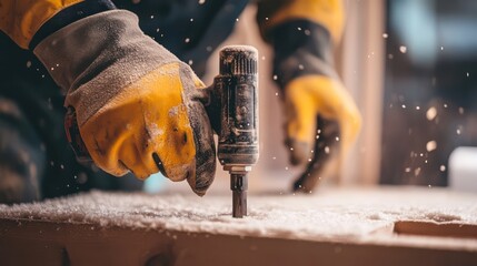 A construction worker's hand installs insulation in a building using a professional-grade tool, ensuring proper thermal protection.