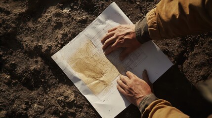 A construction worker's hand inspects a blueprint for accuracy, ensuring precise execution during construction at the site.