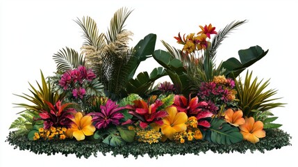 Decorative tropical arrangement with vibrant foliage and flowers, displayed on transparent background, detailed textures, bold colors, clean edges, and professional and lush design.