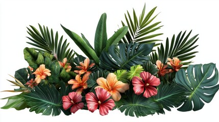 Decorative tropical arrangement with vibrant foliage and flowers, displayed on transparent background, detailed textures, bold colors, clean edges, and professional and lush design.