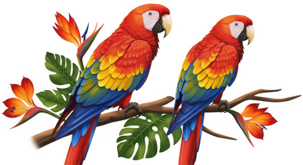 Isolated Pair of Macaw Parrots on Branch with Flowers