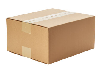 A brown cardboard box with visible folds and taped seams isolated on transparent background