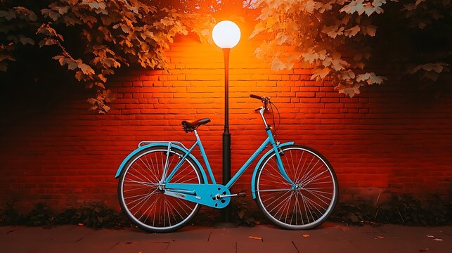 Teal bicycle parked at night by a brick wall under a lamp.