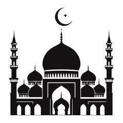 A black and white vector silhouette of a mosque with decorative windows and detailed domes,