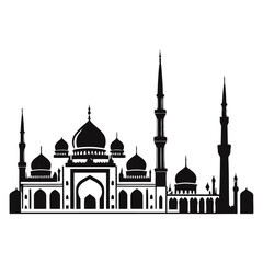 A sleek black and white vector illustration of a mosque with multiple domes and prayer towers on a white background