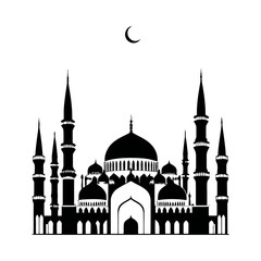 A simple black and white vector illustration of an ancient mosque with tall minarets, designed for PNG use on a white background