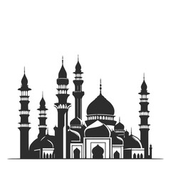 A black and white vector illustration of a mosque with a crescent moon, emphasizing spiritual symbolism on a white background
