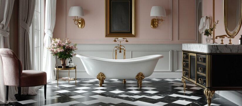 A luxurious bathroom featuring a marble bathtub, a vanity with gold accents, and a black-and-white checkered floor, exuding a refined and timeless elegance.