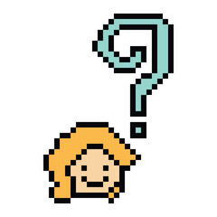 Cute pixel cartoon character woman with question mark decoration 8 bit female girl lady confused idea question mark think questionnaire choose cartoon pixel game 8bit png vector.